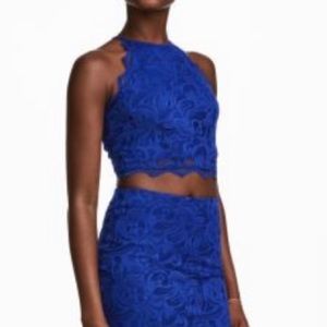 Royal blue, lace, cropped, halter top.